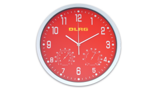 DLRG Wanduhr rot, mit Hygro- und Thermometer
